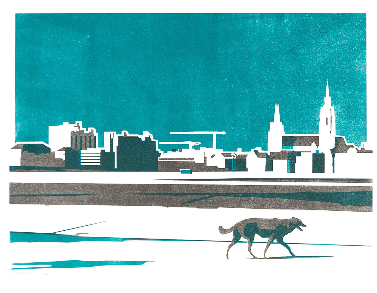 Farbholzschnitt: "St. Paul - Stadtsilhouette mit Hund". Künstlerische Druckgrafik in limitierter Auflage von Reinhard Blumenschein